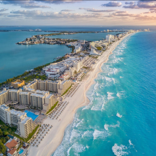 aerial view of cancún's hotel zone beside the caribbean sea.